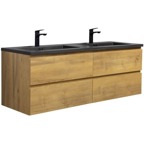 Badezimmer Badmöbel-Set Angela 140 cm - Schwarzes Waschbecken -