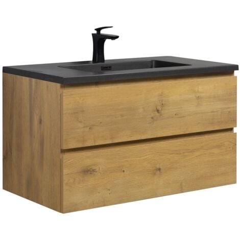 Badezimmer Badmöbel-Set Angela 90 cm - Schwarzes Waschbecken - E