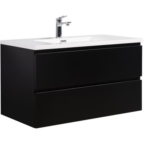 Badezimmer Badmöbel Set Angela 90cm - Matt Schwarz - Unterschrank Schrank Waschbecken Waschtisch - Matt Schwarz