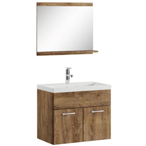 Badezimmer Badmöbel Set Montreal 02 60cm Waschbecken Eiche - Unterschrank Waschtisch Spiegel Möbel - Eiche