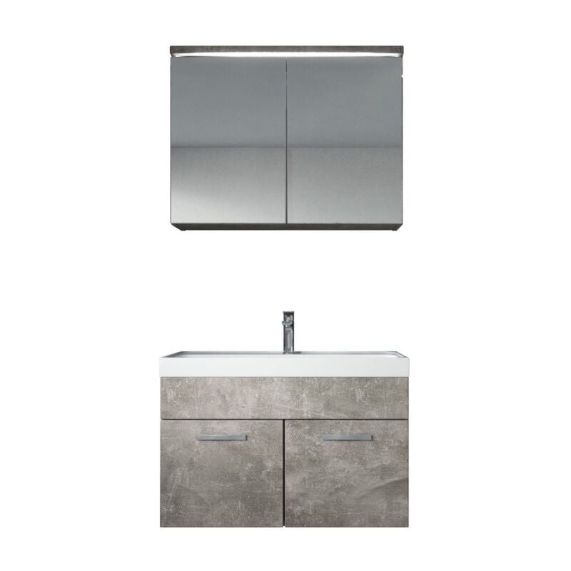 Badezimmer Badmöbel Set Paso 02 80cm Waschbecken Beton (Grau) - Unterschrank Schrank Waschbecken Spiegelschrank Schrank