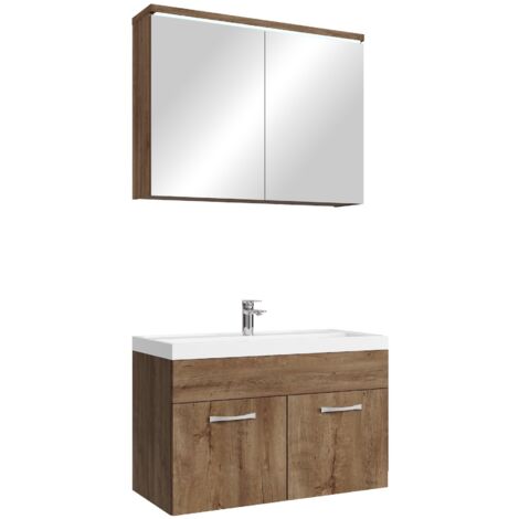Badezimmer Badmöbel-Set Paso 02 80cm Waschbecken Braun Eiche - U