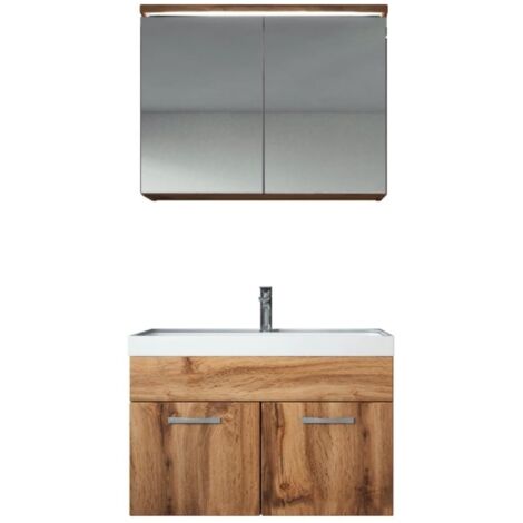 Badezimmer Badmöbel Set Paso 02 80cm Waschbecken Eiche - Unterschrank Schrank Waschbecken Spiegelschrank Schrank - Eiche