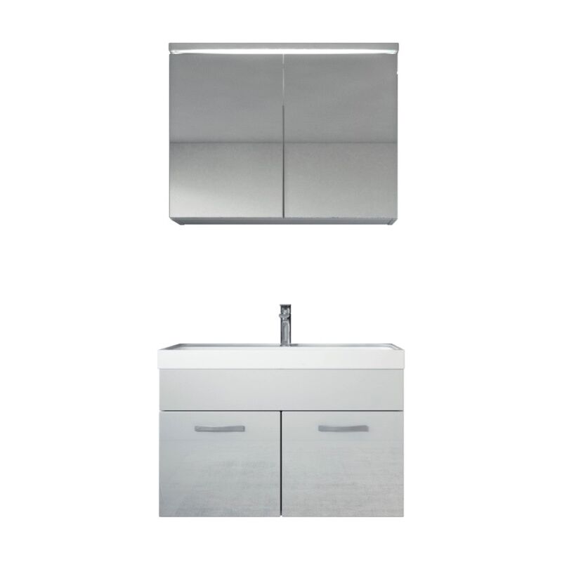 Badplaats - Badezimmer Badmöbel Set Paso 02 80cm Waschbecken weiß hochglanz - Unterschrank Schrank Waschbecken Spiegelschrank Schrank