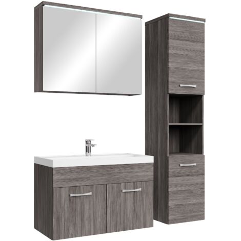 Badezimmer Badmöbel-Set Paso LED 80cm Waschbecken Grau Eiche - U