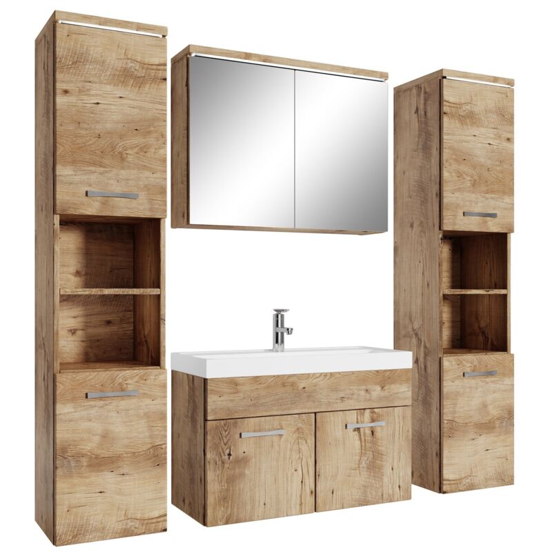 Badplaats - Badezimmer Badmöbel-set Paso Xl Led 80cm Waschbecken Eiche Kasta