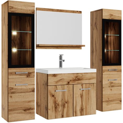 Badezimmer Badmöbel Set Rio xl LED 60cm Waschbecken Eiche - Unterschrank 2x Hochschrank Waschtisch Möbel - Eiche