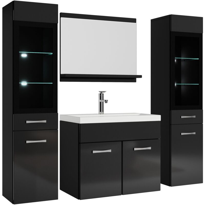 Badplaats - Badezimmer Badmöbel Set Rio xl LED 60cm Waschbecken Hochglanz Schwarz Fronten - Unterschrank 2x Hochschrank Waschtisch Möbel