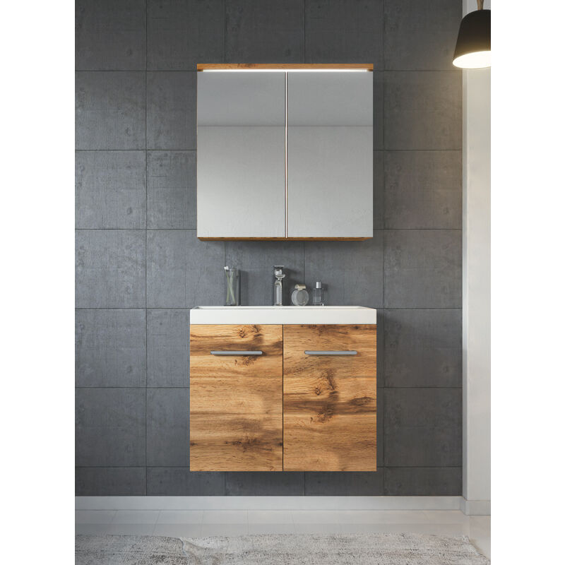 Badplaats - Badezimmer Badmöbel Set Toledo 02 60cm Waschbecken Wotan - Unterschrank Schrank Waschbecken Spiegelschrank Schrank