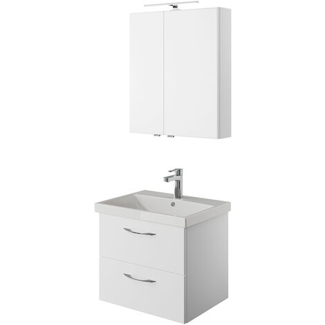 Badezimmer Einzelwaschplatz Set in weiß Glanz mit Keramik Waschbecken und Aufsatzleuchte VILLATORO-66, B/H/T ca. 60/200/45 cm