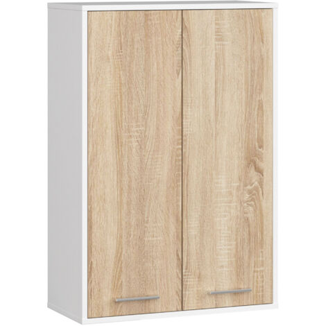 Badezimmer-Hängeschrank FIN Weiß 64 cm 2 Türen Front Sonoma Eiche 4 Regalböden B64xH94xT30 cm
