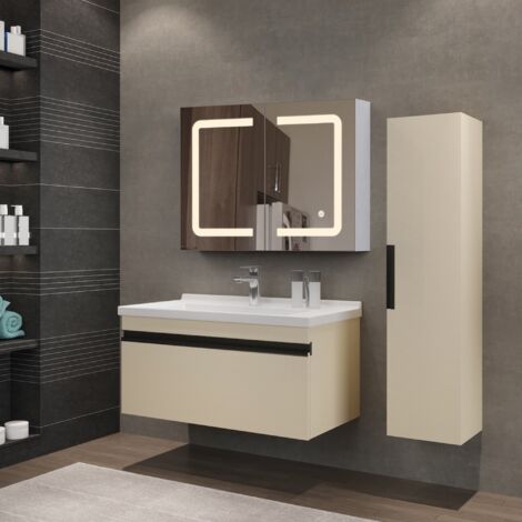 TANANT Badezimmer-Hängeschrank - Mit Glasabteil, Doppeltüren und intelligentem LED-Spiegel, 60 x 14 x 80 cm - Weiß