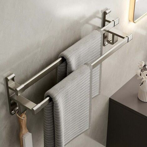 Badezimmer-Handtuchhalter ohne Löcher, doppelarmiger Handtuchhalter, Badezimmer, doppelter Raum, Aluminium-Badezimmer-Handtuchhalter, selbstklebender Handtuchhalter, Metallic-Grau