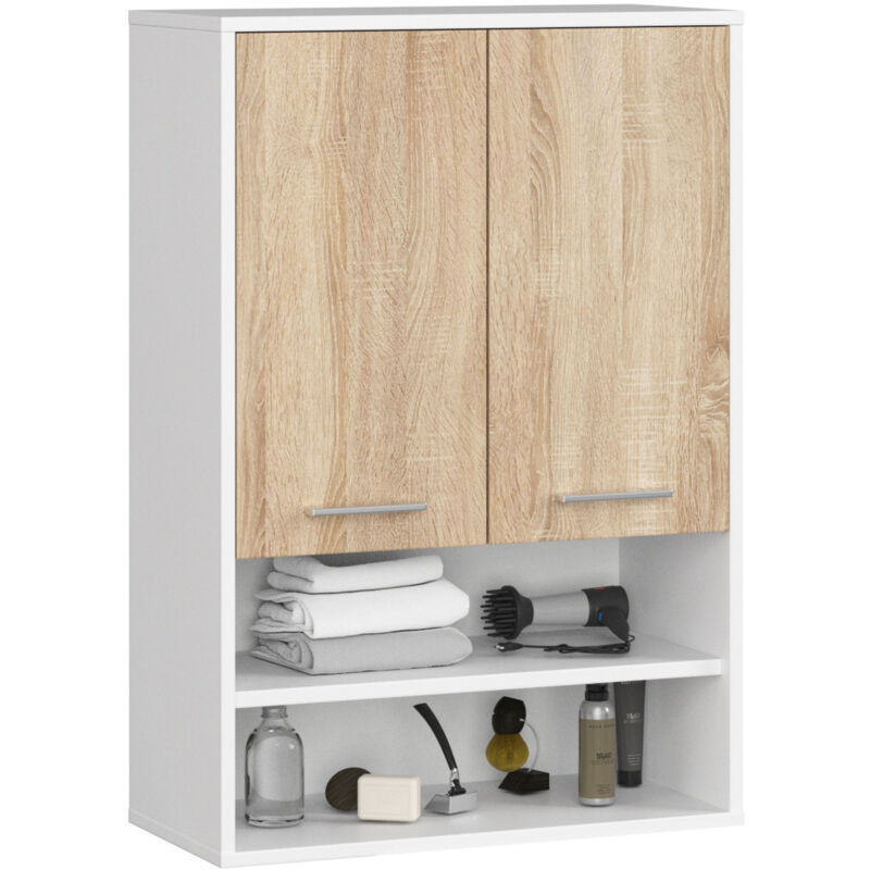Akord Badezimmer-hängeschrank Fin Weiß 64 Cm 2 Türen Front Sonoma Eiche 4 Regalböden B64xh94xt30 Cm
