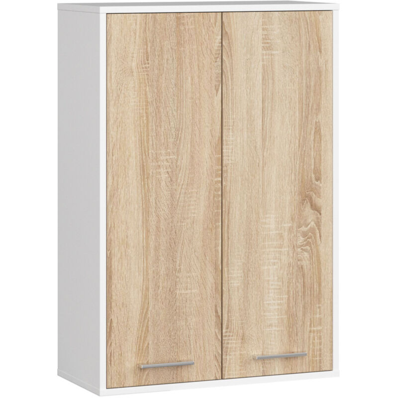 Akord - Badezimmer-hängeschrank Fin Weiß 64 Cm 2 Türen Front Sonoma Eiche 4 Regalböden B64xh94xt30 Cm