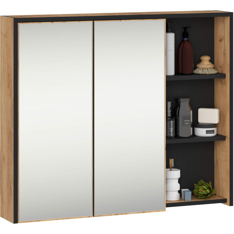 Akord Badezimmer-hängeschrank Vami Mit Spiegel Craft Eiche, Schwarz 90 Cm 2 Türen 6 Regalböden B90xh75xt15 Cm