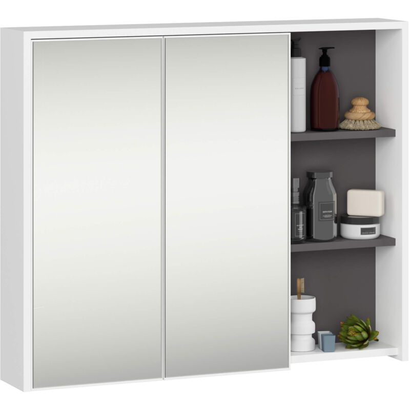 Akord Badezimmer-hängeschrank Vami Mit Spiegel Weiß, Graphitgrau 90 Cm 2 Türen 6 Regalböden B90xh75xt15 Cm