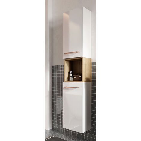Badezimmer Hochschrank MESSINA-107 in weiß Hochglanz lackiert mit Trüffel Buche Nb. und Metallgriffen in kupfer, B/H/T ca. 30/150/22