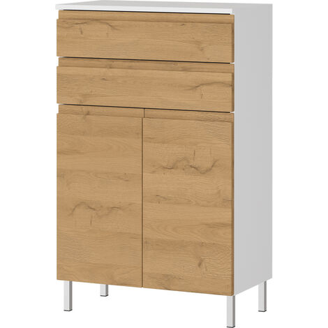 Badezimmer Kommode 60 cm breit in Grandson Eiche Nb. mit weiß TROMVIK-01, B/H/T: ca. 60/97/34 cm