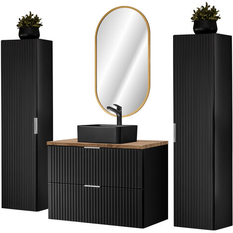 Badezimmer komplett Set, mit 2 Hochschränken, Keramik Waschbecken und ovalem LED Spiegel, schwarz matt mit Eiche Nb., Front gerillt, ADELAIDE-56-BLACK, B/H/T ca. 180/200/46,5 cm