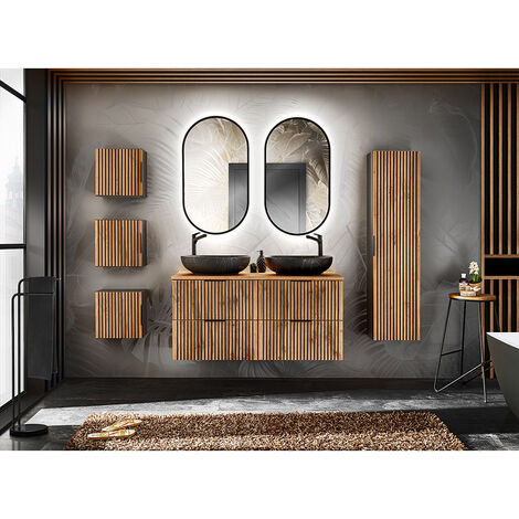 Badezimmer Komplett Set mit Doppelwaschtisch 121 cm XANTEN-56 in anthrazit mit Eiche Nb. schwarz gerillt, B/H/T: ca. 221/200/46,5 cm