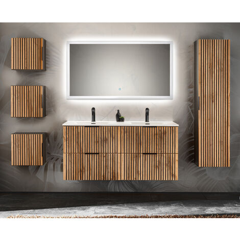 Badezimmer Komplett Set mit Doppelwaschtisch, Hängeschränken, Hochschrank XANTEN-56 in anthrazit mit Eiche Nb. schwarz gerillt, B/H/T: ca. 220/200/46