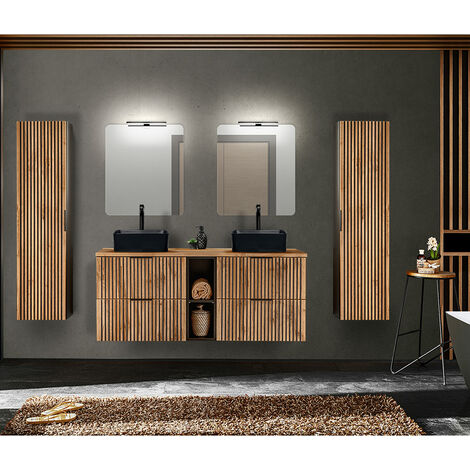 Badezimmer Komplett Set mit Doppelwaschtisch Kombination 141 cm XANTEN-56 in anthrazit mit Eiche Nb. Rillen schwarz, B/H/T: ca. 241/200/46,5 cm