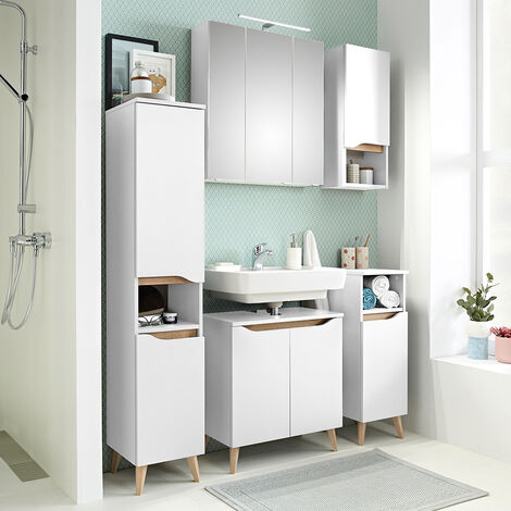 Badezimmer Komplett Set mit Füßen in Holzoptik QUEIMADOS-66 in Weiß Glanz mit Weiß Hochglanz, B/H/T ca. 125/200/33 cm