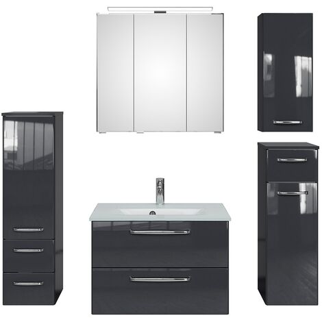 Badezimmer Komplett Set mit Glaswaschbecken TRENTO-66 in anthrazit Glanz, B/H/T: ca. 167/200/50 cm