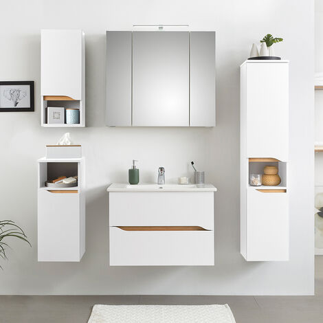 Badezimmer Komplett Set mit Keramik Waschbecken QUEIMADOS-66 in Weiß Glanz mit Weiß Hochglanz, B/H/T ca. 140/200/45 cm