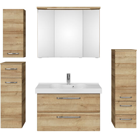 Badezimmer Komplett Set mit Keramikbecken TRENTO-66 in Riviera Eiche Nb., B/H/T: ca. 182/200/48 cm
