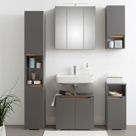 Badezimmer Komplett Set mit Sockelfüßen in Quarzgrau Matt Touch mit Riviera Eiche Nb. QENA-66, B/H/T ca. 140/190/33 cm