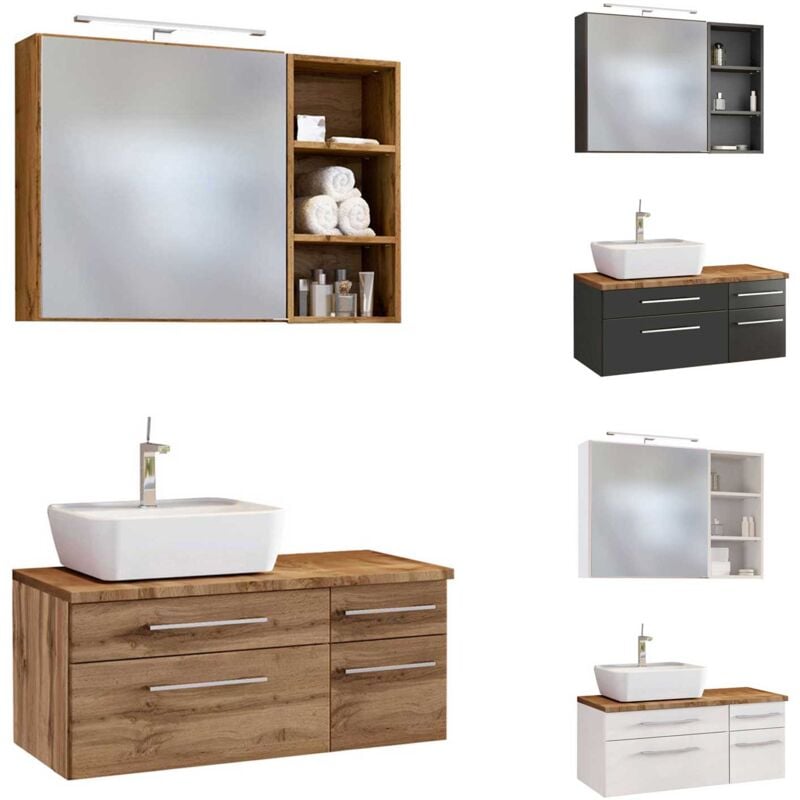 Badmöbel Set inkl. Spiegelschrank LED, 90 cm & Keramik Aufsatzwaschbecken Links TAREE-03 in matt weiß