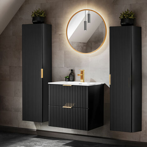 Badezimmer Möbel Set, 60cm Waschtisch mit Keramik Waschbecken, 2 Hochschränke, matt schwarz mit gerillter Front, ADELAIDE-56-BLACK, B/H/T ca. 160/200/46 cm