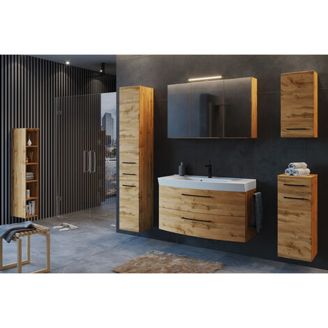 Badezimmer Möbel Set Industrial Style 100 cm Waschtisch MORISSON-03 in Wotan Eiche Nb. inkl. Waschbecken, B/H/T: ca. 275/200/50 cm
