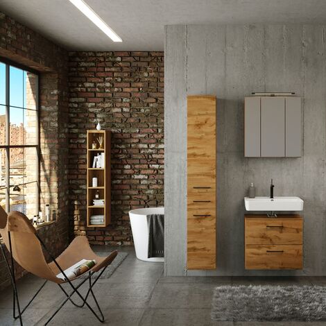 Badezimmer Möbel Set Industrial Style 60 cm Waschbeckenunterschrank mit Hochschrank MORISSON-03 in Wotan Eiche Nb. inkl. Spiegelschrank, B/H/T: ca. 175/200/35 cm