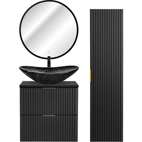 Badezimmer Möbel Set mit Hochschrank, LED Spiegel und Keramik Waschbecken, matt schwarz gerillt, ADELAIDE-56-BLACK, B/H/T ca. 110/200/46,5 cm