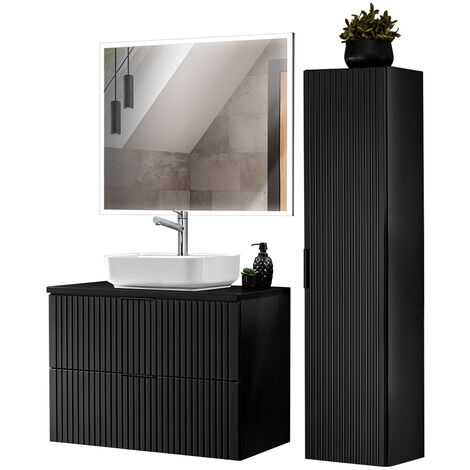 Badezimmer Möbel Set mit Keramik Aufsatzbecken, Hochschrank und rechteckigem LED Spiegel, matt schwarz mit gerillter Front, ADELAIDE-56-BLACK, B/H/T ca. 130/200/46,5 cm