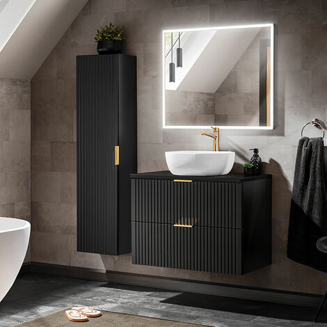 Badezimmer Möbel Set, schwarz matt gerillt, mit 80cm Waschtisch, Keramik Waschbecken und LED Spiegel, ADELAIDE-56-BLACK, B/H/T ca. 130/200/46,5 cm