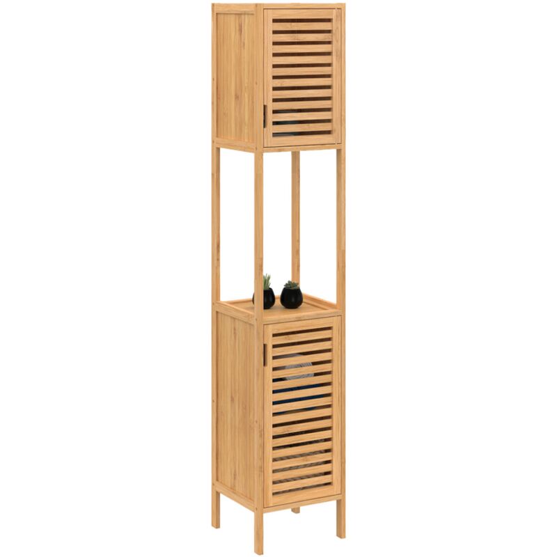 Idmarket Beige Badezimmer-Säulenschrank Bambus Bea 2 Türen