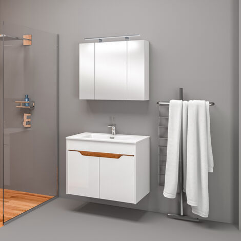 Badezimmer Set 2-teilig, 80cm Waschtisch, Spiegelschrank inkl. Aufbauleuchte in weiß mit Eiche LIONI-147