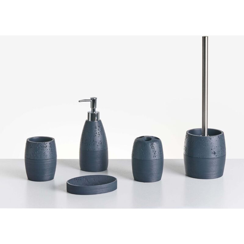 Beliani Badezimmer Set 5-teilig Dunkelblau Kunstharz Betonoptik Rillenoptik Modern Seifenschale Seifenspender Zahnbürstenhalter Toilettenbürste Becher