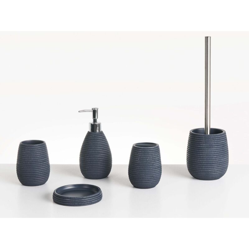 Beliani Badezimmer Set 5-teilig Dunkelblau Kunstharz Seiloptik Modern Seifenschale Seifenspender Zahnbürstenhalter Toilettenbürste Becher Badausstattung
