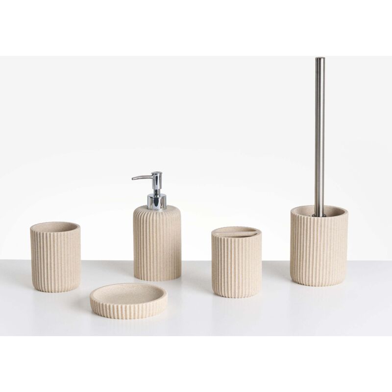 Beliani Badezimmer Set 5-teilig Hellbeige Kunstharz Rillenoptik Modern Seifenschale Seifenspender Zahnbürstenhalter Toilettenbürste Becher Bad-zubehör