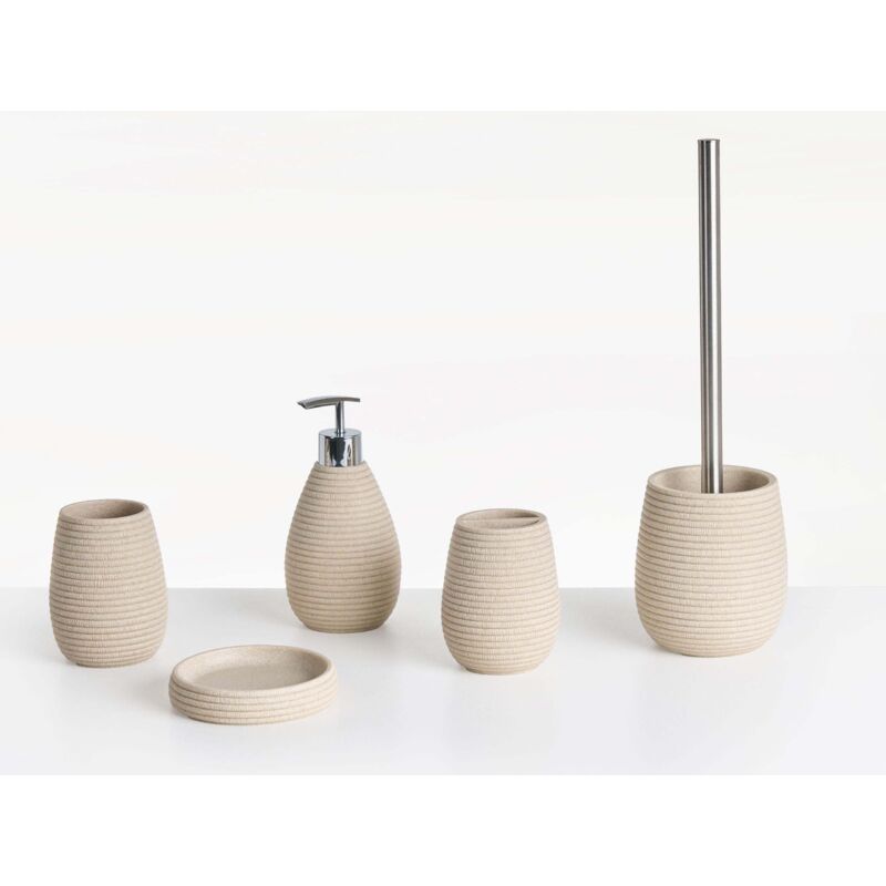 Beliani Badezimmer Set 5-teilig Hellbeige Kunstharz Seiloptik Modern Seifenschale Seifenspender Zahnbürstenhalter Toilettenbürste Becher Badausstattung