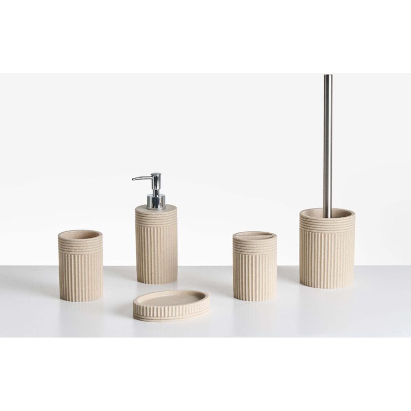 Beliani - Badezimmer Set 5-teilig Hellbeige Kunstharz Seiloptik Rillenoptik Modern Seifenschale Seifenspender Zahnbürstenhalter Toilettenbürste
