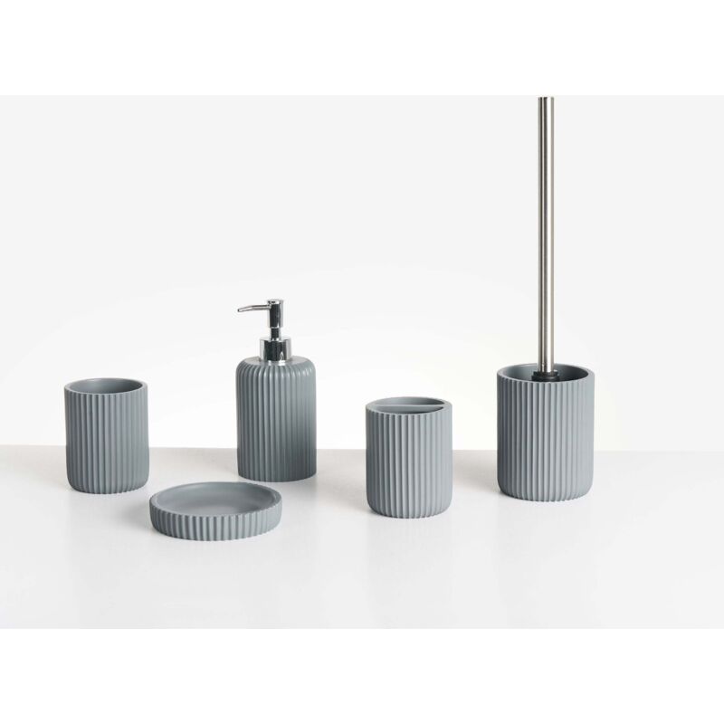 Beliani Badezimmer Set 5-teilig Hellgrau Kunstharz Rillenoptik Modern Seifenschale Seifenspender Zahnbürstenhalter Toilettenbürste Becher Bad-zubehör