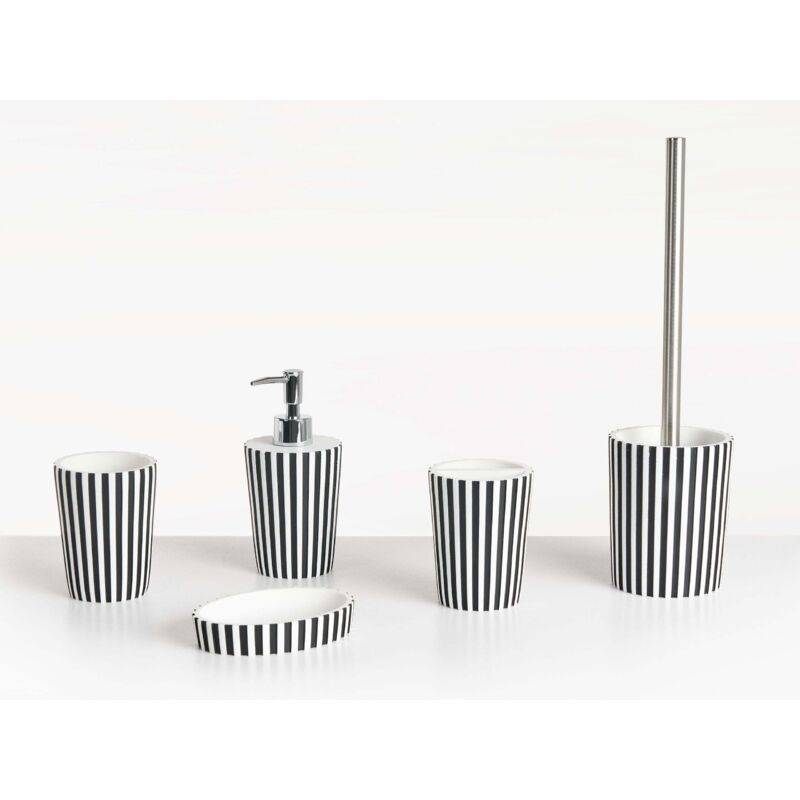 Beliani - Badezimmer Set 5-teilig Schwarz U. Weiß Kunstharz Streifenmuster Retro Seifenschale Seifenspender Zahnbürstenhalter Toilettenbürste