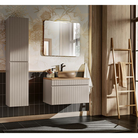 Badezimmer Set Hochschrank, Waschtischunterschrank 80 cm, Spiegel IRAKLIO-56-CASHMERE Kaschmir Eiche Nb. B/H/T ca. 145/200/46 cm