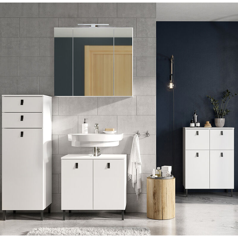 Lomadox Badezimmer Set in weiß mit 3 trg. Spiegelschrank und led Beleuchtung TUDELA 01, b h t ca. 189 200 35 cm weiß  - Onlineshop ManoMano